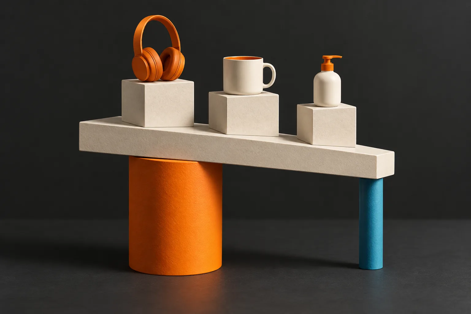 A product platform relies on one large orange pillar and a smaller blue support.
