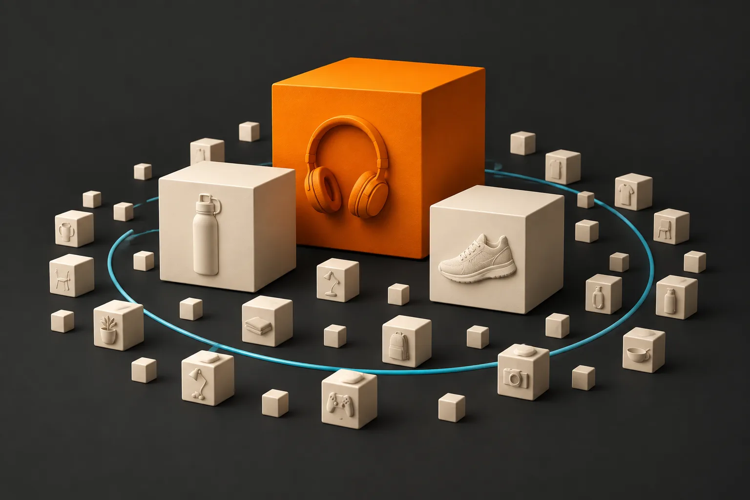 Three large product blocks dominate a catalog of smaller items.