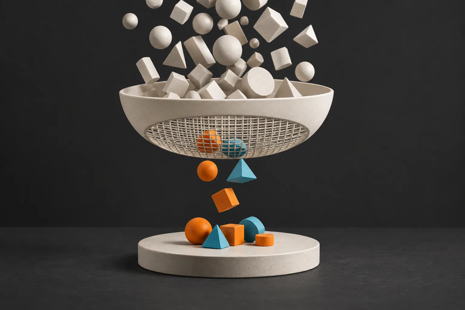 A sieve separates a small relevant set from many keyword candidates.