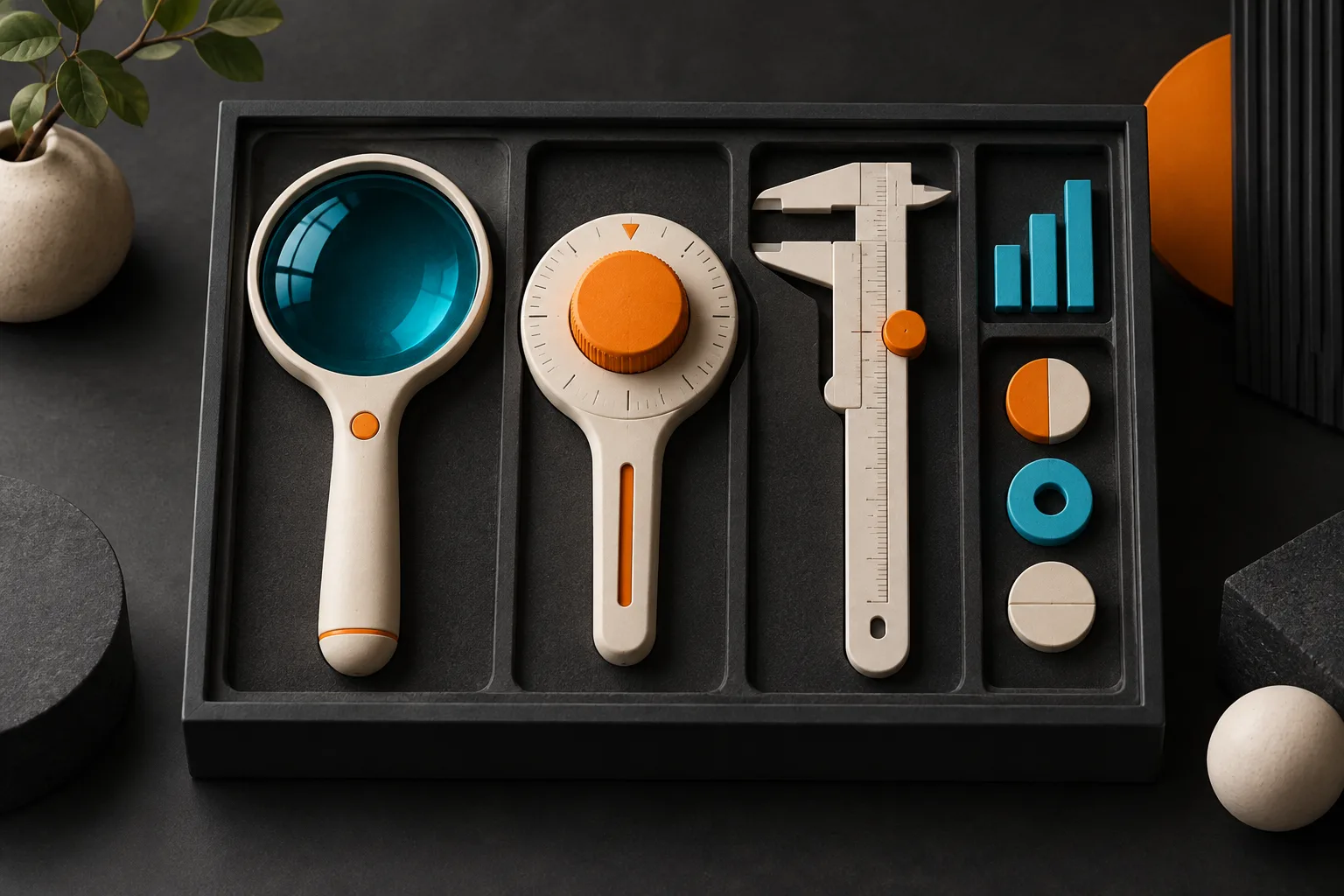 A fitted tray of measuring instruments represents an advertising toolkit.