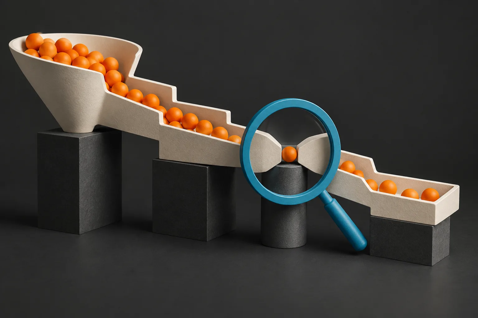 A magnifying glass isolates a bottleneck in a sales funnel.