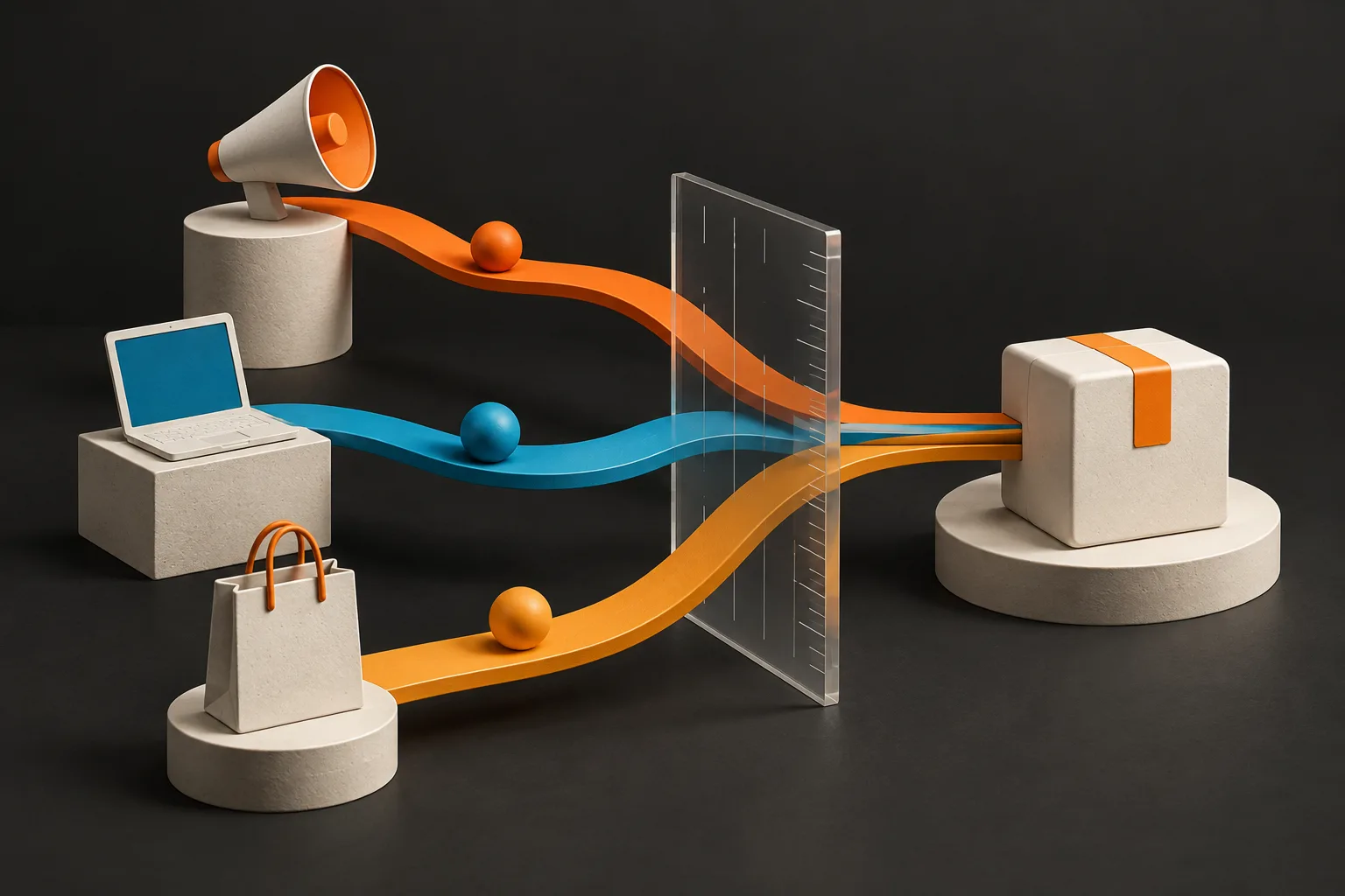 Orange and blue customer paths converge on a purchase through a transparent measurement panel.