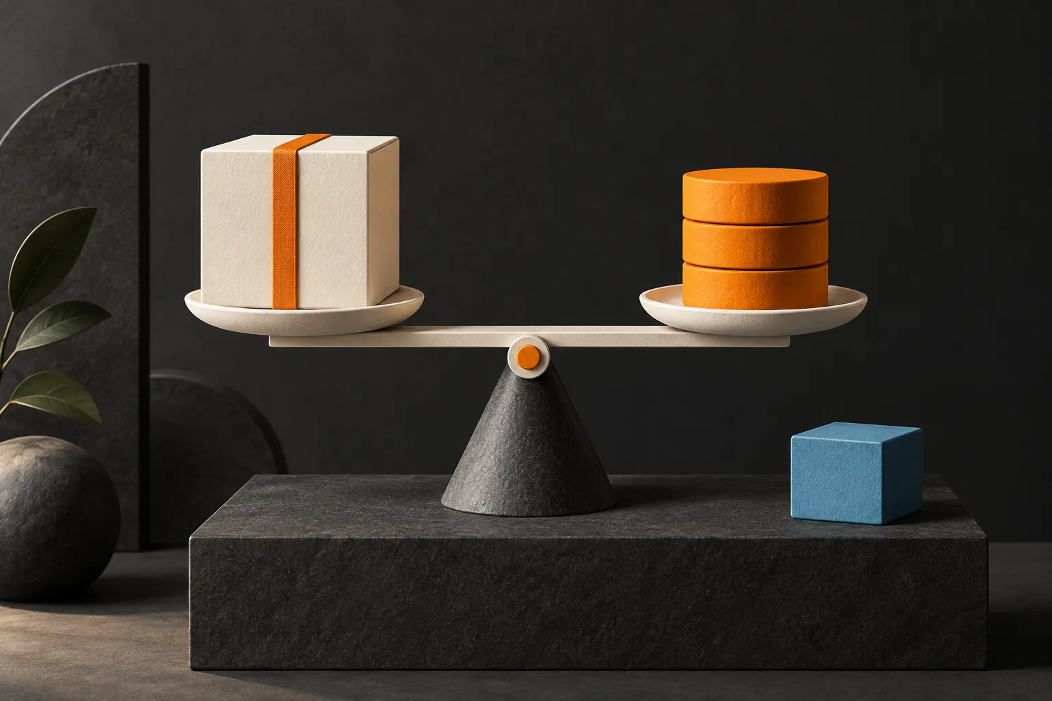 A balance weighs a product against advertising costs, with a separate blue reserve.